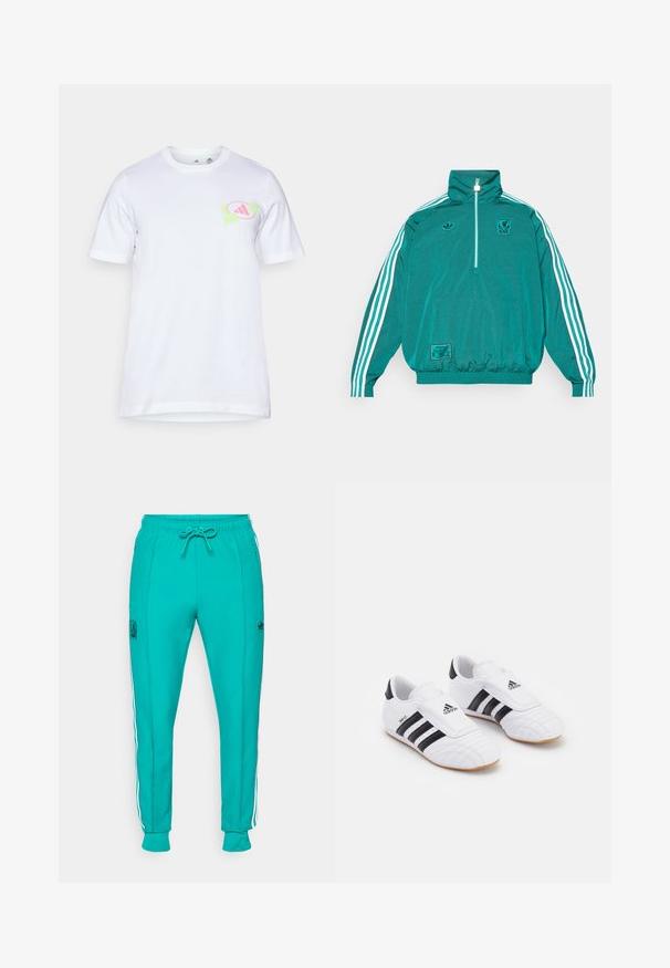 adidas Originals LIVERPOOL FC ICON HALF ZIP JACKET - Klub merchandise - sea green; Hvid bomulds t-shirt med korte ærmer. Har et grafisk design i lyserød og grøn på venstre bryst, der ligner et logo.; adidas Originals LIVERPOOL FC ICON TRACK PANT - Klub merchandise - sea green; Hvide træningssko med sorte striber, med en suede-lignende tekstur, afrundet tå og velcro-rem. Gummisål for godt greb.