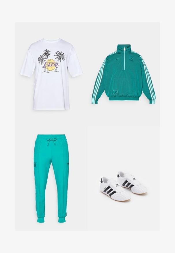 adidas Originals LIVERPOOL FC ICON HALF ZIP JACKET - Klubové oblečenie - sea green; Biely bavlnený tričko s fialovým logom "Los Angeles Lakers", grafikou paliem a ilustráciou pozadia basketbalu.; adidas Originals LIVERPOOL FC ICON TRACK PANT - Klubové oblečenie - sea green; Biele športové topánky s čiernymi pruhmi, so semišovou štruktúrou, okrúhlou špičkou a suchým zipsom. Gumová podrážka pre trakciu.
