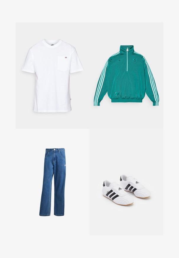 adidas Originals LIVERPOOL FC ICON HALF ZIP JACKET - Joukkuetuote - sea green; Valkoinen puuvillainen t-paita, jossa on pyöreä pääntie, lyhyet hihat ja rintatasku, jossa on pieni merkkilogo vasemmalla puolella.; Siniset korkeavyötäröiset leveälahkeiset farkut, joissa on etupussit, vyölenkit, napitus ja pieni Adidas-logo oikeassa reidessä.; Valkoiset urheilu kengät mustilla raidoilla, joissa on samettimainen pinta, pyöreä nilkka ja tarrasanka. Kuminen pohja pidon takaamiseksi.