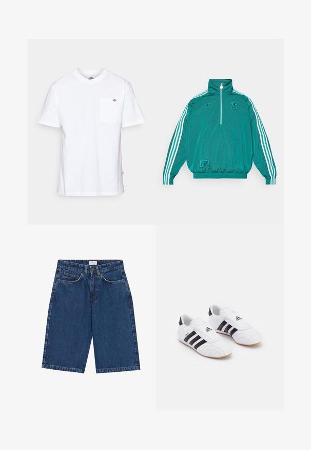 adidas Originals LIVERPOOL FC ICON HALF ZIP JACKET - Klubbkläder - sea green; Vitt bomullströja med rundad halsringning, korta ärmar och en bröstficka med en liten logotyp på vänster sida.; Jean shorts i mörkblått med femficksdesign, rak passform och synliga sömnadsdetaljer. Slät textur och midja i normalhöjd.; Vita idrottsskor i vitt med svarta ränder, med en mockaliknande yta, rund tå och en kardborreband. Gummisula för bra grepp.