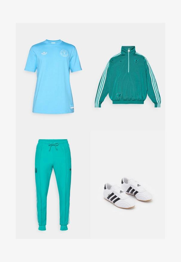 adidas Originals LIVERPOOL FC ICON HALF ZIP JACKET - Roupa de discoteca - sea green; T-shirt de algodão azul claro com mangas curtas, decote redondo, logótipo da Adidas bordado no lado esquerdo do peito e um patch na parte inferior.; adidas Originals LIVERPOOL FC ICON TRACK PANT - Roupa de discoteca - sea green; Ténis atléticos brancos com riscas pretas, com uma textura semelhante ao camurça, bico arredondado e uma tira de Velcro. Sola de borracha para aderência.
