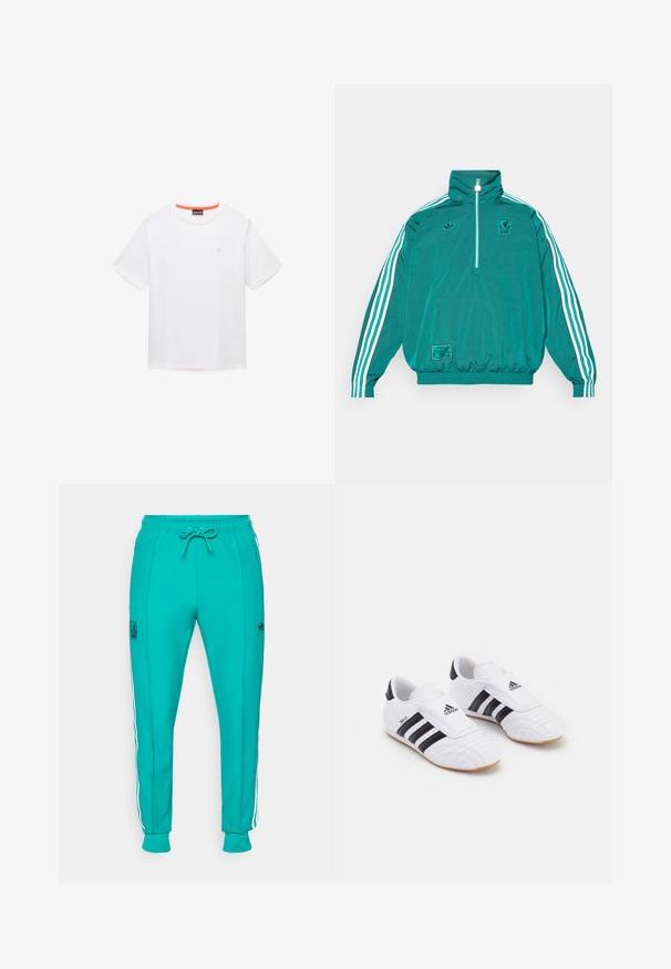 adidas Originals LIVERPOOL FC ICON HALF ZIP JACKET - Fanartikel - sea green; Witte katoenen T-shirt met een ronde hals, korte mouwen en een klein logo op de borst. Heeft een contrasterende oranje rand aan de binnenkant van de kraag.; adidas Originals LIVERPOOL FC ICON TRACK PANT - Fanartikel - sea green; Witte sport schoenen met zwarte strepen, met een suede-achtige textuur, een ronde neus en een klittenbandsluiting. Rubberen zool voor grip.