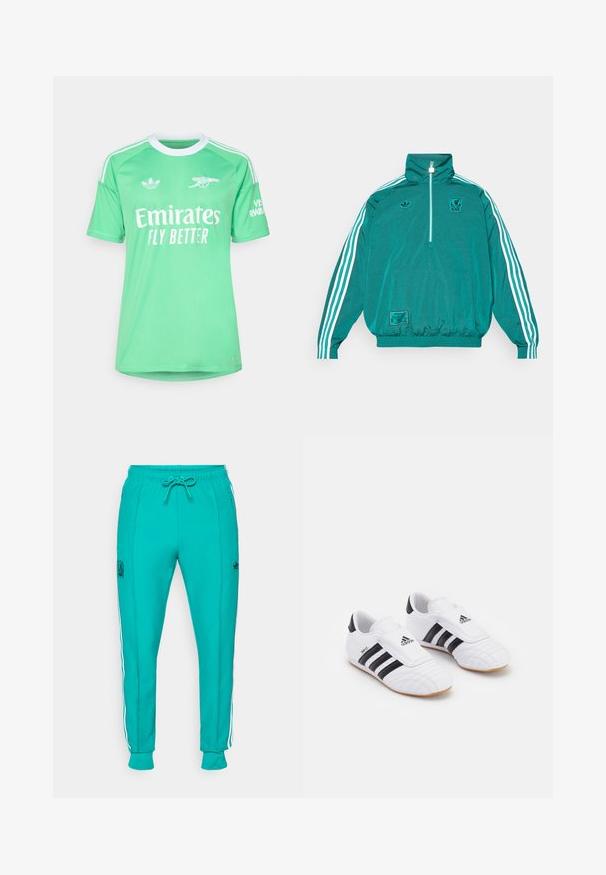 adidas Originals LIVERPOOL FC ICON HALF ZIP JACKET - Vereinsmannschaften - sea green; adidas Performance ARSENAL FC 25/26 3RD GOALKEEPER JERSEY - Vereinsmannschaften - semi screaming green/white; adidas Originals LIVERPOOL FC ICON TRACK PANT - Vereinsmannschaften - sea green; Weiße Sportschuhe mit schwarzen Streifen, die eine samtähnliche Textur, eine abgerundete Zehe und einen Klettverschluss aufweisen. Gummisohle für besseren Halt.