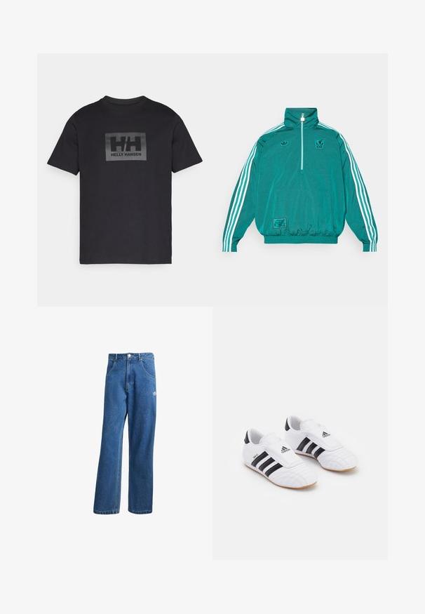 adidas Originals LIVERPOOL FC ICON HALF ZIP JACKET - Klubruházat - sea green; Fekete pamut póló rövid ujjakkal, középen egy téglalap alakú szürke logóval, amelyen az "HH" és alatta a "HELLY HANSEN" felirat található.; Kék, magas derekú, bő szárú farmernadrág elülső zsebekkel, övhurkokkal, gombos záródással és kicsi Adidas logóval a jobb combon.; Fehér sportcipő fekete csíkokkal, velúrszerű textúrával, kerek orral és tépőzáras pánttal. Gumi talp a tapadásért.