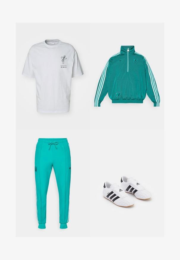adidas Originals LIVERPOOL FC ICON HALF ZIP JACKET - Klubové oblečení - sea green; Bílá bavlněná tričko s krátkým rukávem, na přední straně s grafickým květinovým designem a textovými detaily pod ilustrací.; adidas Originals LIVERPOOL FC ICON TRACK PANT - Klubové oblečení - sea green; Bílé sportovní boty s černými pruhy, s texturou připomínající semiš, zaoblenou špičkou a suchým zipem. Gumová podrážka pro lepší přilnavost.