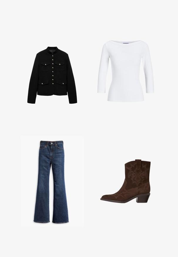 Musta takki korkealla kauluksella, kultaisella napituksella ja kahdella etutaskulla. Kangas on sileä ja suunniteltu muotoon. ; Valkoinen ribbattu pitkähihainen paita, jossa on veneen muotoinen pääntie. Kangas on sileä, vartalonmyötäinen ja kauluksessa sekä helmassa on siisti viimeistely.; Korkeavyötäröiset tummansiniset farkut, joissa on leveät lahkeet, etuvetoketju ja napin sulkeminen sekä viisi taskua.; Ruskeat nahka cowboy-saappaat teräväkärkiset, koristeelliset ompelukuviot, nilkkakorkuiset ja kasaantuvat korko. Varustettu vetoketjulla helppoa pukemista varten.