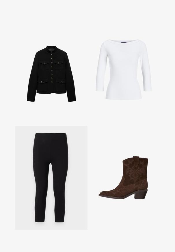 Čierna bunda s vysokým golierom, zlatým zapínaním na gombíky a dvoma prednými vreckami. Tkanina je hladká, navrhnutá pre štruktúrované strih.; Biela rebrovaná blúzka s dlhým rukávom a lodičkovým výstrihom. Tkanina je hladká, priliehavá a má čisté zakončenie na manžetách a leme.; Čierne legíny vyrobené z elastického materiálu. Majú bezšvový pás a priliehavý, po členky dlhý strih s hladkou textúrou.; Hnedé semišové kovbojské topánky s špicatou špičkou, ozdobným prešívaním, výškou po členok a zloženým opätkom. Obsahujú pútko pre jednoduché obúvanie.