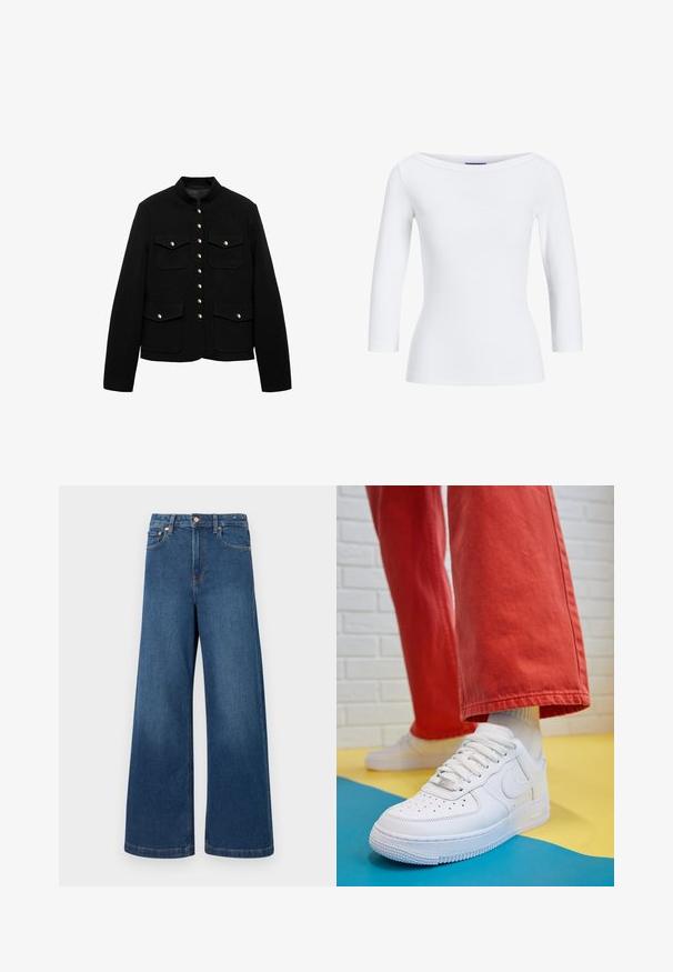 Jachetă neagră cu guler înalt, închidere cu nasturi aurii și două buzunare în față. Materialul este neted, conceput pentru o ajustare structurată.; Bluză albă cu mâneci lungi, cu decolteu tip bateau. Țesătura este netedă, aderentă și are o finisare curată la manșete și la tiv.; Jeans din denim cu picioare largi, de culoare albastru închis. Au talie înaltă, închidere cu nasture și design clasic cu cinci buzunare, cu cusături contrastante.; Tenis alb din piele cu fanta pe vârful piciorului, talpă texturată și șireturi albe, purtat cu pantaloni larga roșii și un fundal albastru și galben.
