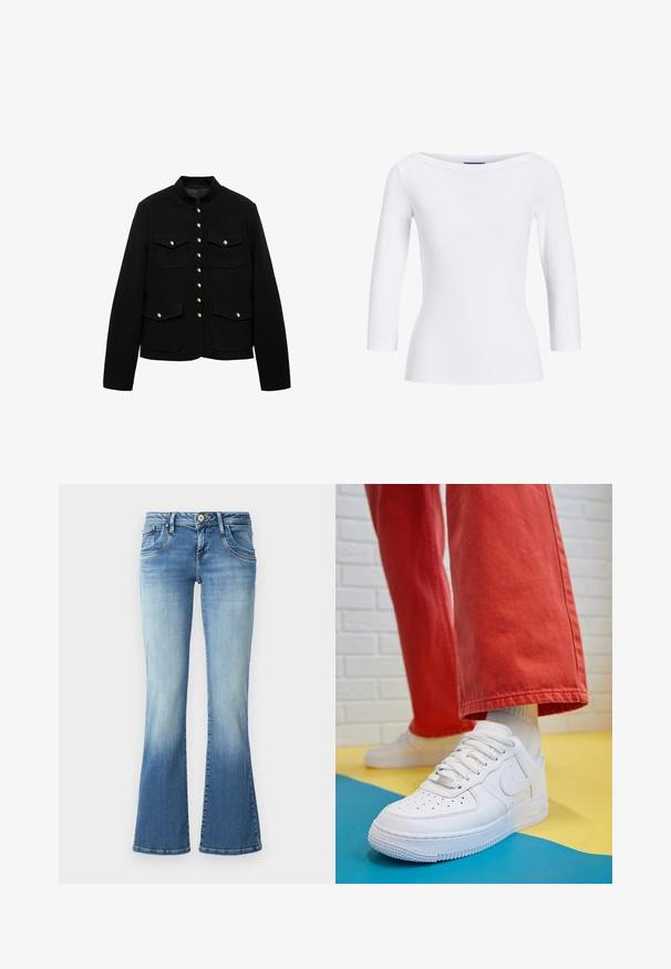 Jachetă neagră cu guler înalt, închidere cu nasturi aurii și două buzunare în față. Materialul este neted, conceput pentru o ajustare structurată.; Bluză albă cu mâneci lungi, cu decolteu tip bateau. Țesătura este netedă, aderentă și are o finisare curată la manșete și la tiv.; Jeans din denim de culoare albastru deschis, cu fason evazat și talie medie, prezentând cinci buzunare, o ușoară decolorare și detalii cusute pe cusături.; Tenis alb din piele cu fanta pe vârful piciorului, talpă texturată și șireturi albe, purtat cu pantaloni larga roșii și un fundal albastru și galben.