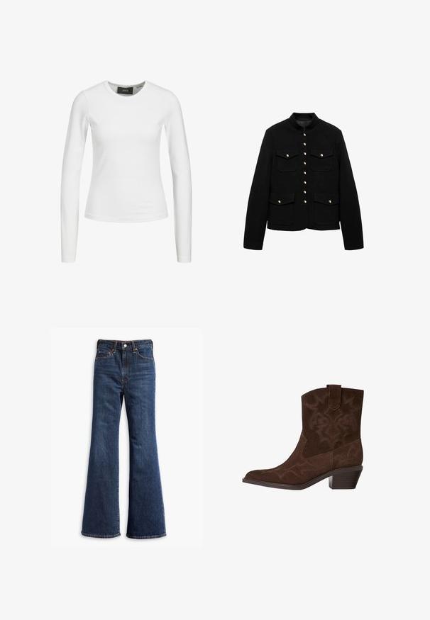 Crna jakna s visokim ovratnikom, zatvaranjem na zlatne gumbe i dva prednja džepa. Tkanina je glatka, dizajnirana za strukturirani kroj.; Bijela, uska majica dugih rukava izrađena od lagane, rastezljive tkanine. Ima okrugli izrez i nema vidljivih uzoraka ili ukrasa.; Traperice tamnoplave boje s visokim strukom, širokim nogavicama, prednjim kopčanjem na dugme i patentni zatvarač, te dizajnom s pet džepova.; Smeđi ante jahački čizmasti s oštrim vrhom, dekorativnim šavovima, visinom do gležnja i složenim potplatom. Ima povlačnu traku za lako obuvanje.