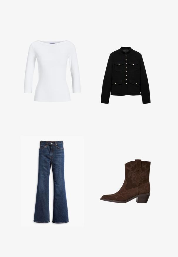 Musta takki korkealla kauluksella, kultaisella napituksella ja kahdella etutaskulla. Kangas on sileä ja suunniteltu muotoon. ; Valkoinen ribbattu pitkähihainen paita, jossa on veneen muotoinen pääntie. Kangas on sileä, vartalonmyötäinen ja kauluksessa sekä helmassa on siisti viimeistely.; Korkeavyötäröiset tummansiniset farkut, joissa on leveät lahkeet, etuvetoketju ja napin sulkeminen sekä viisi taskua.; Ruskeat nahka cowboy-saappaat teräväkärkiset, koristeelliset ompelukuviot, nilkkakorkuiset ja kasaantuvat korko. Varustettu vetoketjulla helppoa pukemista varten.