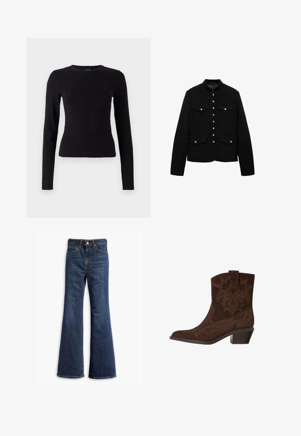 Czarna kurtka z wysokim kołnierzem, zapięcie na złote guziki oraz dwoma przednimi kieszeniami. Tkanina jest gładka, zaprojektowana w celu uzyskania dopasowanego kroju.; Czarny longsleeve z długim rękawem wykonany z miękkiej, lekkiej bawełny. Dopasowany krój z okrągłym dekoltem i prostym wykończeniem, bez widocznych wzorów czy akcentów.; Jeansy z wysokim stanem w ciemnoniebieskim kolorze, z rozszerzanymi nogawkami, zapinane na guzik i zamek, z pięcioma kieszeniami.; Brązowy zamszowy but kowbojski z wąskim noskiem, ozdobnymi wzorami przeszyć, wysokością do kostki oraz klinowym obcasem. Posiada uchwyt ułatwiający zakładanie.