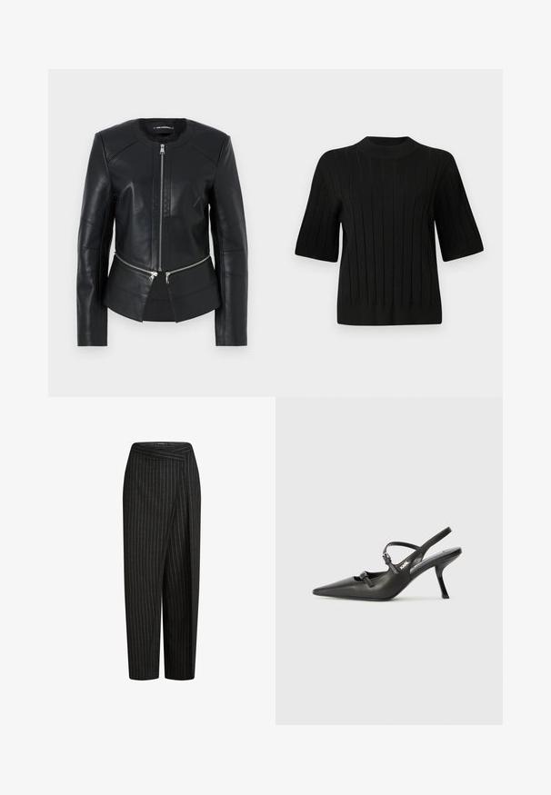 Sort læderjakke med rund udskæring, frontlynlås og struktureret design. Har to lynlås-lommer ved taljen og sømdetaljer.; Sort kortærmet sweater med ribbet tekstur og høj halsudskæring, prydet med lodrette linjer og en tætsiddende silhuet.; Sorte bæltebukser med fine striber og vidde ben, der har en cropped længde og en foldet talje, der giver et skræddersyet udseende. Blødt stof.; Sorte læder slingback hæle med spids tå, slank hæl og dekorativ spænde detalje på vampen. Glat tekstur og strømlinet design.