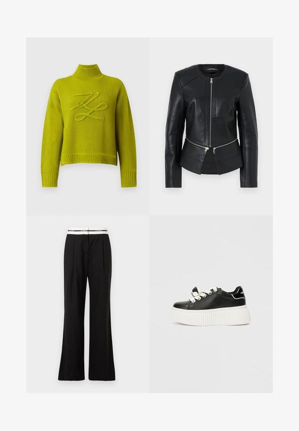 Černá kožená bunda s kulatým výstřihem, předním zipem a strukturovaným designem. Obsahuje dvě zipové kapsy v pase a švy.; Žebrovaný pletený svetr s dlouhým rukávem v jasně žlutozelené barvě s vysokým límcem a dekorativním smyčkovým vzorem na hrudi.; Černé kalhoty se volným střihem, vybavené bílým elastickým pasem s logem. Vyrobené z hladkého materiálu s mírným leskem.; Černé kožené tenisky s tlustou bílou ribbenou podrážkou, bílými tkaničkami a dekorativní mašlí na jazyku.