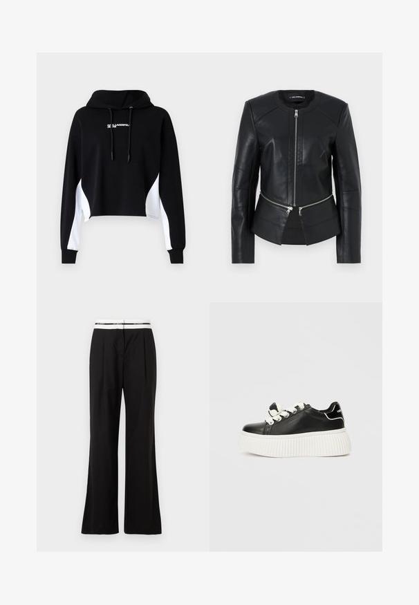 Mustat nahkatakki, jossa on pyöreä kaulus, edessä vetoketju ja muotoiltu malli. Sisältää kaksi vetoketjullista taskua vyötäröllä ja saumat yksityiskohtia.; Musta cropped huppari valkoisilla sivupaneeleilla, nauhakuuluvalla hupulla ja etupainatuksella. Valmistettu pehmeästä kankaasta; siinä on pitkät hihat ja ribbitaskut.; Mustat housut rentoa mallia, joissa on valkoinen joustokiristys vyötäröllä, brändäys näkyvissä. Valmistettu sileästä kankaasta, jossa on kevyt kiilto.; Mustat nahkasneakerit paksulla valkoisella urheilupohjalla, joissa on valkoiset nauhat ja koristeellinen nauhaakkina kielessä.