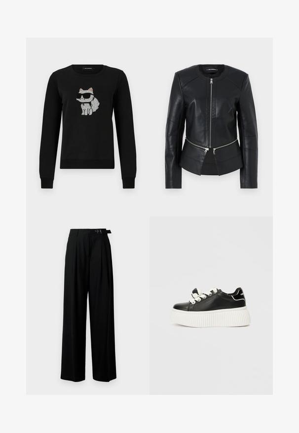 Čierna kožená bunda s okrúhlym výstrihom, predným zipsom a štruktúrovaným dizajnom. Obsahuje dve zipsové vrecká na páse a zdobenie švov.; Čierna mikina s dizajnom mačky z kamienkov, ktorá má na sebe slnečné okuliare. Výstrih je kruhový a rukávy majú rebrované manžety.; Čierne široké nohavice s vysokým pásom, skladmi vpredu a opaskom s prackou. Vyrobené z hladkej, ľahkej textílie.; Čierne kožené tenisky s hrubou bielou rebrovanou podošvou, so svetlými šnúrkami a dekoračným uzlom na jazyku.