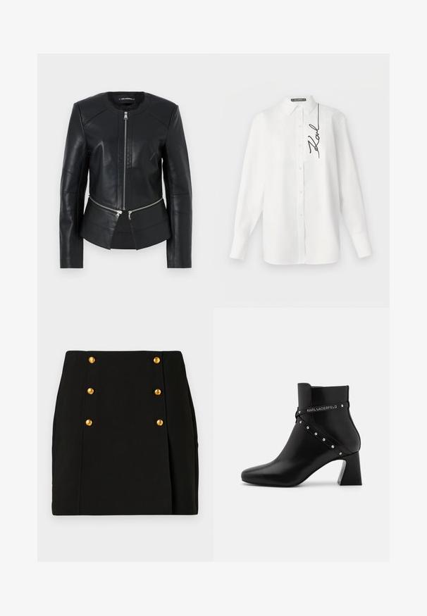 Svart läderjacka med rund halsringning, frontdragkedja och strukturerad design. Har två dragkedjefickor vid midjan och sömdetaljer.; Vit långärmad skjorta av bomull, med en framficka och svart broderad signatur på vänster sida. Klassisk krage och knappstängning.; Svart mini kjol med en figurnära design, med en frampanel som har fyra guldfärgad knappar och en sidofålla. Tillverkad av ett smidigt tyg.; Svart läderankelboot med spetsig tå och blockklack. Har ett dekorativt rem med silverstift och en logodetalj. Slät yta.