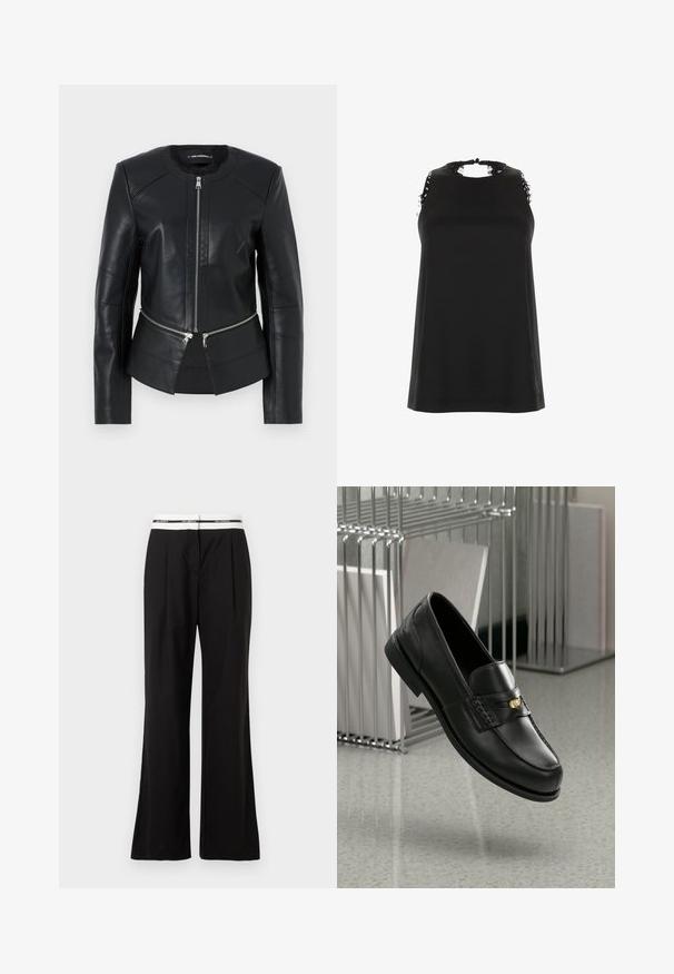 Zwarte leren jas met een ronde halslijn, ritssluiting aan de voorkant en gestructureerd ontwerp. Beschikt over twee ritszakken op de taille en naaddetails.; Zwarte mouwloze top met een hoge halslijn, met rafelige kantaccenten op de schouders en een gladde, zachte textuur.; Zwarte broek met een ontspannen pasvorm, voorzien van een witte elastische tailleband met branding. Gemaakt van een gladde stof met een subtiele glans.; Zwarte leren loafers met een gladde afwerking, voorzien van een decoratieve band en een kleine gouden accenten. De zool is plat met een ronde neus.