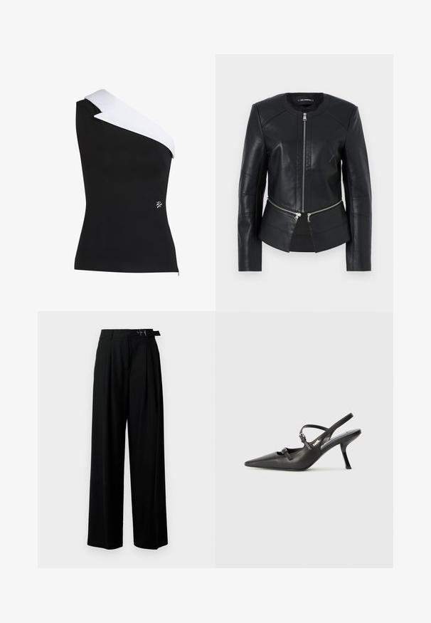 Crna kožna jakna s okruglim izrezom, prednjim zatvaračem i strukturiranim dizajnom. Ima dva zatvarača na džepovima u području struka i detalje na šavovima.; Top na jedno rame u crnoj tkanini s kontrastnim bijelim detaljem na kragnu. Ima uski kroj i mali logotip u donjem desnom kutu.; Crne široke hlače s visokim strukom, nabranima sprijeda i remenom s kopčom. Izrađene od glatkog, laganog materijala.; Crne kožne štikle sa otvorenom petom, s uskim vrhom i dekorativnom kopčom na gornjem dijelu. Glatka tekstura i elegantan dizajn.