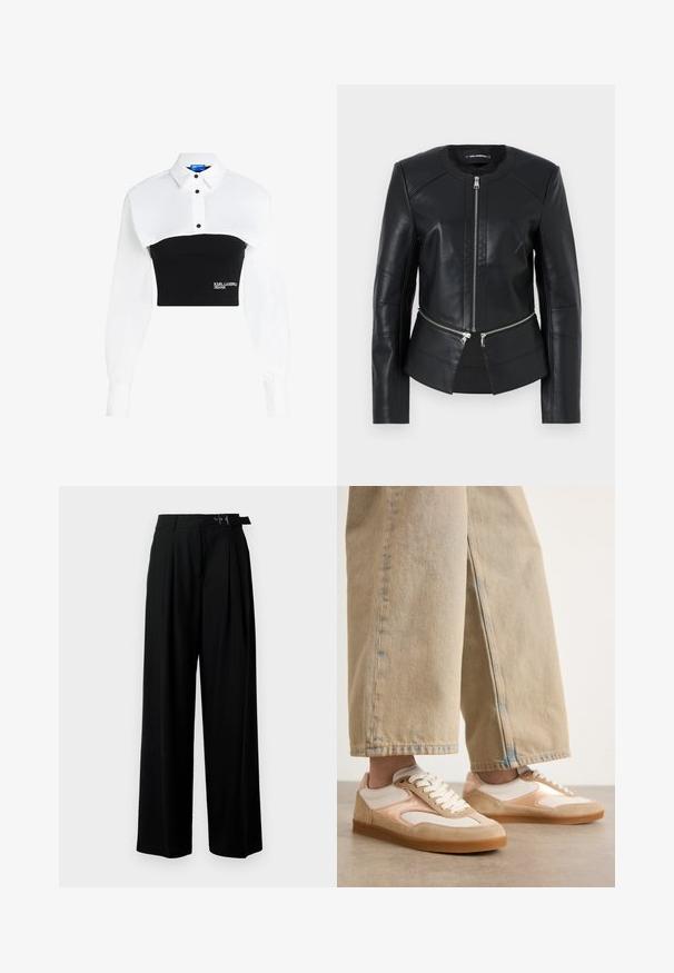 Črna usnjena jakna s okroglim izrezom, sprednjim zadrgo in strukturirano zasnovo. Ima dve zadrgi na žepih v pasu in šivne detajle.; Skraćena majica s bijelim ovratnikom i crnim uskim donjim dijelom, s detaljima dugmadi i logotipom "KARL LAGERFELD JEANS" sprijeda.; Črne široke hlače z visokim pasom, gubami spredaj in pasom z zaponko. Narejene so iz gladkega, lahkega materiala.; Peščene in smetane superge z dizajnom iz semiša in mrežice, ki vključujejo vezalni sistem in gumijaste podplate, v kombinaciji s peščenimi širokimi hlačami.