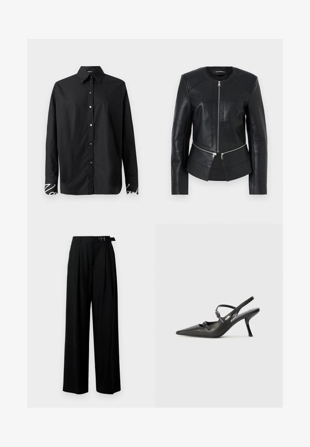 Black leather jacket with a round neckline, front zipper, and structured design. Features two zipper pockets at the waist and seam detailing.; Black long-sleeve shirt made from smooth fabric, featuring a classic collar and button closure. Cuffs adorned with white decorative writing.; Black wide-leg trousers with a high waist, pleats at the front, and a belt featuring a buckle. Made from smooth, lightweight fabric.; Black leather slingback heels with a pointed toe, slender heel, and decorative buckle detail on the vamp. Smooth texture and sleek design.