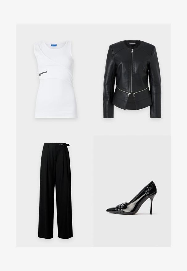 Czarna skórzana kurtka z okrągłym dekoltem, zamek błyskawiczny z przodu oraz strukturalnym fasonem. Posiada dwie kieszenie na zamek w talii oraz detale szwowe.; Biała ribbed top w asymetrycznym stylu, z jedną ramiączkiem i subtelnym czarnym logo z przodu.; Czarne spodnie szerokie w nogawkach z wysokim stanem, z plisami z przodu oraz paskiem z klamrą. Wykonane z gładkiego, lekkiego materiału.; Czarne lakierowane szpilki z wydłużonym noskiem, trzema ozdobnymi paskami z ćwiekami oraz logo "Karl Lagerfeld" na obcasie.