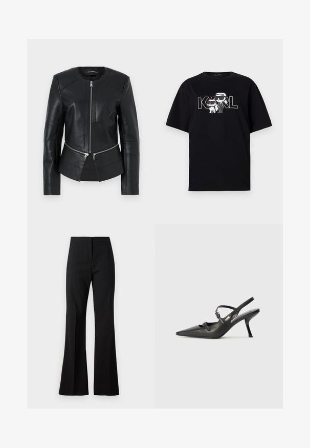 Črna usnjena jakna s okroglim izrezom, sprednjim zadrgo in strukturirano zasnovo. Ima dve zadrgi na žepih v pasu in šivne detajle.; Črna bombažna majica s grafikonom dveh risanih figur v sončnih očalih, ob spremljavi besedila "KARL" v poglobljenih črkah.; Črne široke hlače iz gladkega materiala, ki imajo raven sprednji del in čiste linije. Pas je zasnovan za prilegajočo silhueto brez okraskov.; Črne usnjene sandale na peto s koničastim nosom, vitko peto in okrasno zaponko na sprednjem delu. Gladka tekstura in eleganten dizajn.