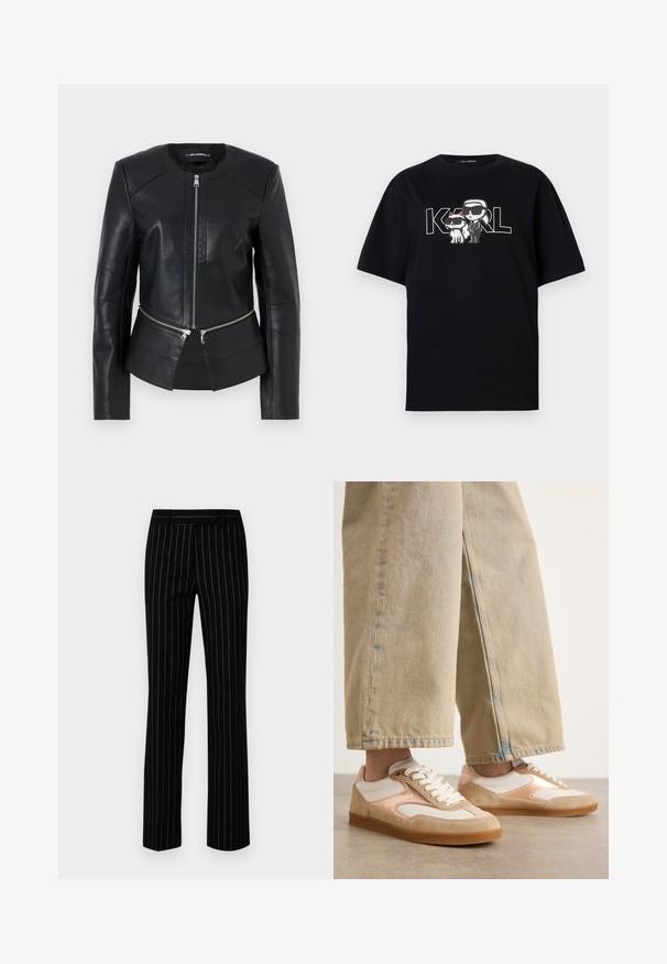 Črna usnjena jakna s okroglim izrezom, sprednjim zadrgo in strukturirano zasnovo. Ima dve zadrgi na žepih v pasu in šivne detajle.; Črna bombažna majica s grafikonom dveh risanih figur v sončnih očalih, ob spremljavi besedila "KARL" v poglobljenih črkah.; Prilagojene črne hlače z vertikalnimi črtami v zlatih in belih tonih. Narejene so iz gladkega materiala s ravnim krojem in klasičnim pasom.; Peščene in smetane superge z dizajnom iz semiša in mrežice, ki vključujejo vezalni sistem in gumijaste podplate, v kombinaciji s peščenimi širokimi hlačami.