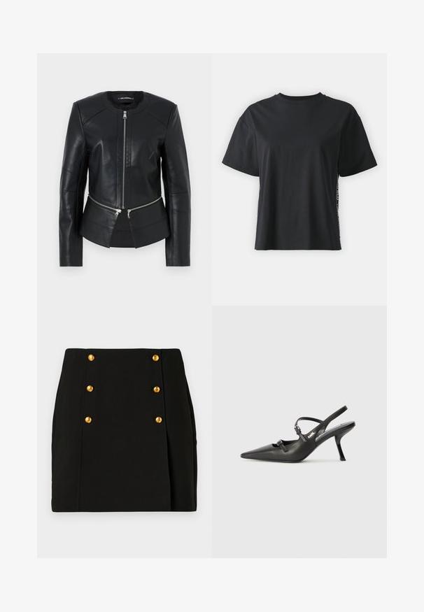 Čierna kožená bunda s okrúhlym výstrihom, predným zipsom a štruktúrovaným dizajnom. Obsahuje dve zipsové vrecká na páse a zdobenie švov.; Čierne tričko s krátkym rukávom z bavlny, vo voľnom strihu, s kontrastným postranným panelom, na ktorý sú umiestnené malé nápisy a designové detaily.; Čierna mini sukňa s priliehavým strihom, s predným panelom so štyrmi zlatými gombíkmi a plačom na boku. Vyrobená z hladkej látky.; Čierne kožené slingback topánky na vysokom podpätku s ostrou špicou, štíhlym podpätkom a dekoratívnym detailom s prackou na priehlavku. Hladká textúra a elegantný dizajn.