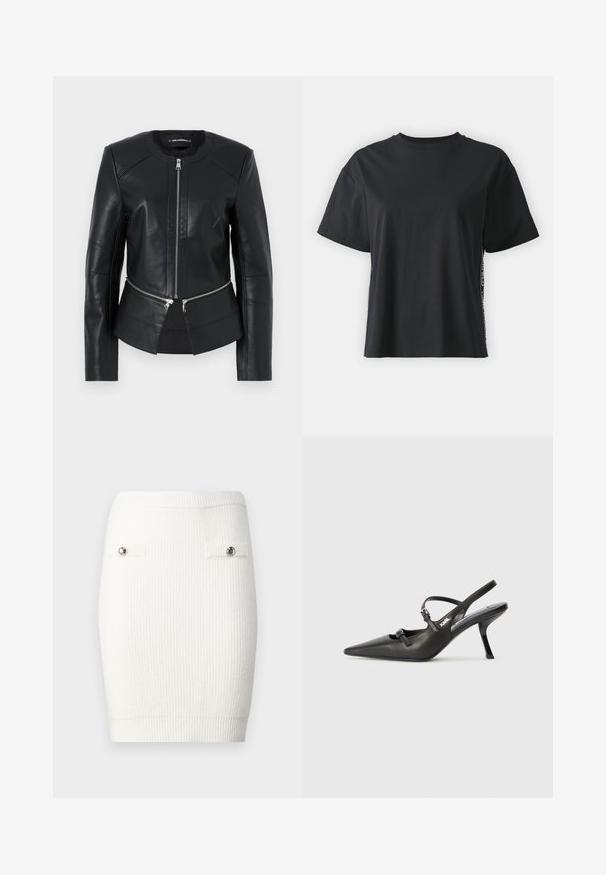 Chaqueta de cuero negra con cuello redondo, cierre frontal y diseño estructurado. Presenta dos bolsillos con cremallera en la cintura y detalles de costura.; Camiseta de algodón negra de manga corta con un corte relajado y un panel lateral en contraste que presenta texto pequeño y detalles de diseño.; Mini falda de punto blanco acanalado con detalles de botones plateados en los bolsillos delanteros y una silueta ajustada, que presenta una textura suave y una cintura elástica.; Tacones slingback de cuero negro con punta afilada, tacón delgado y detalle decorativo de hebilla en la parte superior. Textura suave y diseño elegante.
