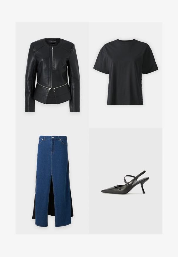 Fekete bőrkabát kerek nyakkivágással, elülső cipzárral és struktúrált dizájnnal. Két cipzáras zseb található a deréknál és varrási részletekkel rendelkezik.; Fekete, rövid ujjú pamut póló, laza szabású, kontrasztos oldalsó panelekre jellemző kis szöveggel és dizájn részletekkel.; Farmernadrág szoknya kék elülső résszel, oldalsó kivágással, fekete anyaggal a hátsó részen, valamint hagyományos derékpánttal, fémből készült gombbal és varrással.; Fekete bőrszíjjal ellátott magassarkú cipő, hegyes orral, karcsú sarkával és díszes csattal a vamp részén. Simás textúra és elegáns dizájn.