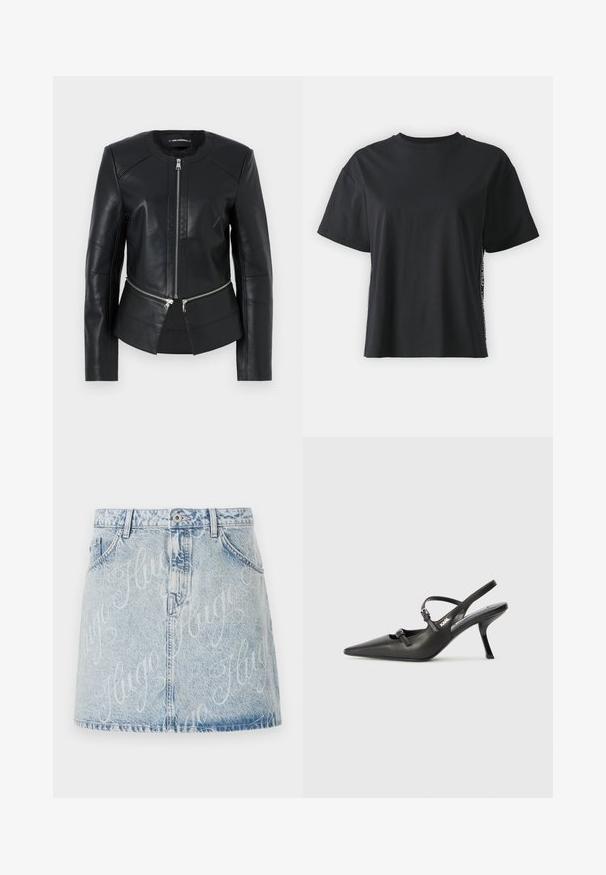Black leather jacket with a round neckline, front zipper, and structured design. Features two zipper pockets at the waist and seam detailing.; Black short-sleeve cotton t-shirt with a relaxed fit and contrasting side panel featuring small text and design details.; Light blue denim skirt with faded wash, featuring a front button closure and all-over "Hugo" logo pattern. Five-pocket style.; Black leather slingback heels with a pointed toe, slender heel, and decorative buckle detail on the vamp. Smooth texture and sleek design.