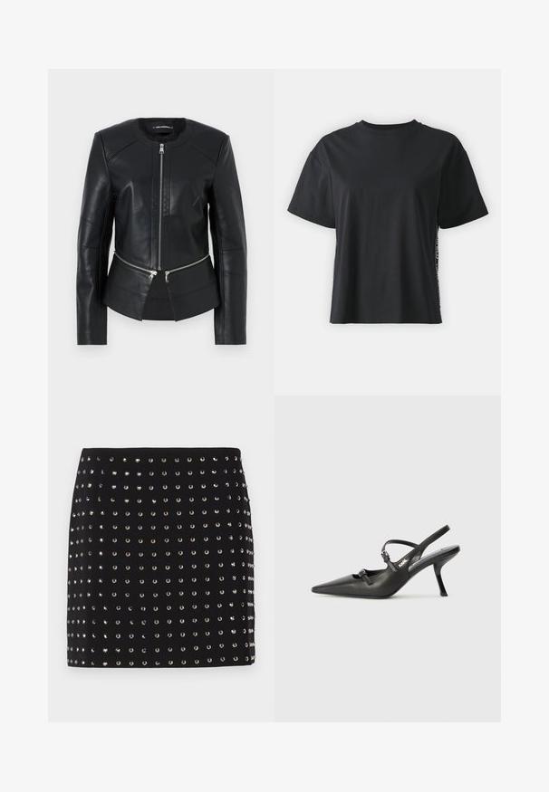 Mustat nahkatakki, jossa on pyöreä kaulus, edessä vetoketju ja muotoiltu malli. Sisältää kaksi vetoketjullista taskua vyötäröllä ja saumat yksityiskohtia.; Musta lyhythihainen puuvillapaita rentoa mallia, jossa on erottuva sivupaneeli, johon on lisätty pieniä tekstejä ja yksityiskohtia.; Musta mini-hame, jossa on tiukka muotoilu ja hopeafoliokoristeita, jotka on tasaisesti jaettu kankaan pinnalle.; Mustat nahkaiset slingback-korkokengät, joissa on terävä kärki, hoikka korko ja koristeellinen solkityyny varpailla. Tasainen pinta ja tyylikäs muotoilu.