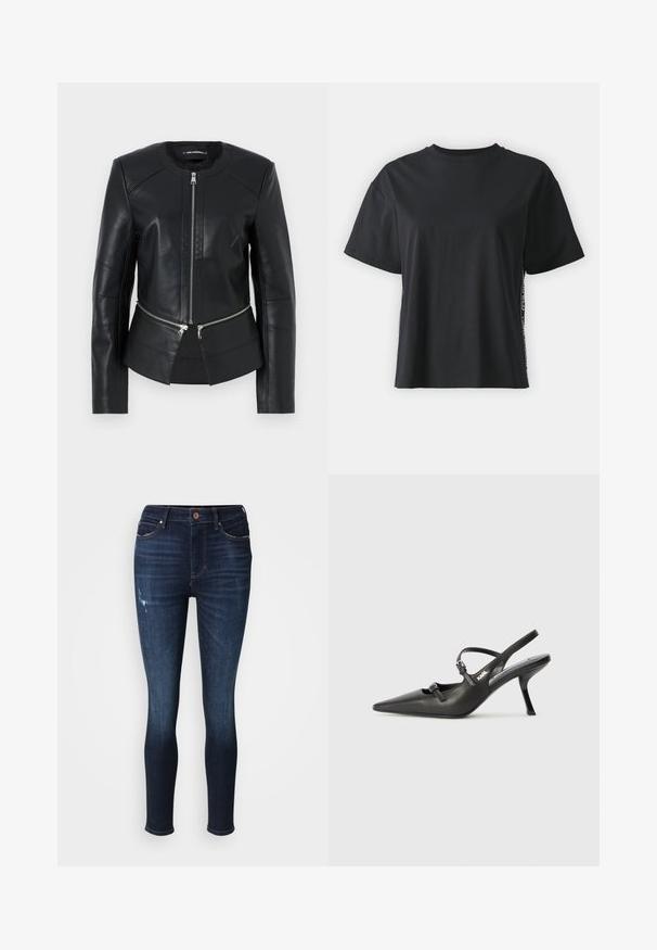 Černá kožená bunda s kulatým výstřihem, předním zipem a strukturovaným designem. Obsahuje dvě zipové kapsy v pase a švy.; Černé triko s krátkým rukávem, vyrobené z bavlny, s volným střihem a kontrastním bočním panelem, který obsahuje malý text a designové detaily.; Úzké džíny v tmavě modrém denimu, s mírně vybledlým vzhledem a drobným poškozením v přední části. Klasický design s pěti kapsami a poutky na opasek.; Černé kožené lodičky na boku s špičatou špičkou, štíhlým podpatkem a dekorativní přezkou na nártu. Hladká textura a elegantní design.