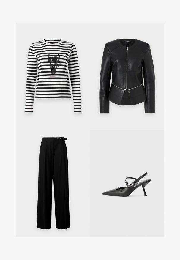 Crna kožna jakna s okruglim izrezom, prednjim zatvaračem i strukturiranim dizajnom. Ima dva zatvarača na džepovima u području struka i detalje na šavovima.; Dugi rukav, prugaasta majica u crno-bijeloj boji od pamuka. Ima središnji grafički prikaz lika koji nosi sunčane naočale, s tekstom "Karl Lagerfeld" ispod.; Crne široke hlače s visokim strukom, nabranima sprijeda i remenom s kopčom. Izrađene od glatkog, laganog materijala.; Crne kožne štikle sa otvorenom petom, s uskim vrhom i dekorativnom kopčom na gornjem dijelu. Glatka tekstura i elegantan dizajn.