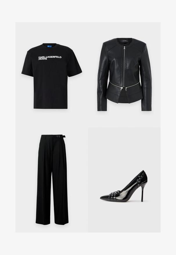 Mustat nahkatakki, jossa on pyöreä kaulus, edessä vetoketju ja muotoiltu malli. Sisältää kaksi vetoketjullista taskua vyötäröllä ja saumat yksityiskohtia.; Mustat puuvillapaidat, joissa on lyhyet hihat ja joissa etuosassa on isot valkoiset kirjaimet "KARL LAGERFELD JEANS".; Mustat leveät housut korkealla vyötäröllä, etuosassa laskokset ja soljellinen vyö. Valmistettu sileästä ja kevyestä kankaasta.; Mustan patenttivahan täysikorkea korkokenkä, jossa on terävä kärki, kolme koristeellista nauhaa niiteillä ja "Karl Lagerfeld" -brändäys kannassa.