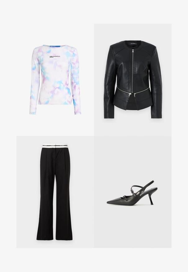 Jachetă din piele neagră cu guler rotund, fermoar frontal și design structurat. Prezintă două buzunare cu fermoar la talie și detalii de cusătură.; Mască cu mânecă lungă dintr-un material neted și elastic. Are un model floral în nuanțe de albastru și purpuriu pastelat, cu un logo imprimat pe față.; Pantaloni negri cu o croială lejeră, având o brățară elastică albă cu branding. Realizați dintr-un material neted cu un Luciu ușor.; Pantofi cu toc slingback din piele neagră, cu vârful ascuțit, toc subțire și detaliu decorativ cu cataramă pe partea din față. Textură netedă și design elegant.