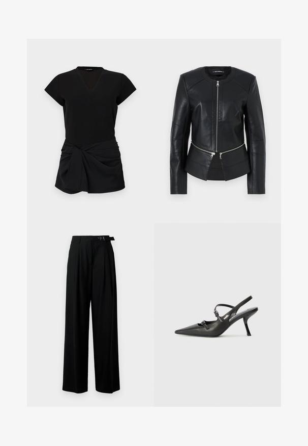 Melnas ādas jaka ar apaļu apkakli, priekšējo rāvējslēdzēju un strukturētu dizainu. Iekļautas divas rāvējslēdzēja kabatas jostasvietā un šuvju apdare.; Melnā kleita ar V veida kakla izgriezumu, īsām piedurknēm un sakļautu priekšpusi ar mezglu akcentu. Gluda auduma, pieguļoša silueta.; Melni plaši bikses ar augsto jostasvītru, priekšā ar krokojiem un jostu ar sprādzi. Izgatavotas no gludas, vieglas auduma.; Melnas ādas slingback papēži ar norādītu purngalu, izsmalcinātu papēdi un dekoratīvu sprādzi uz priekšpuses. Gluda tekstūra un elegants dizains.