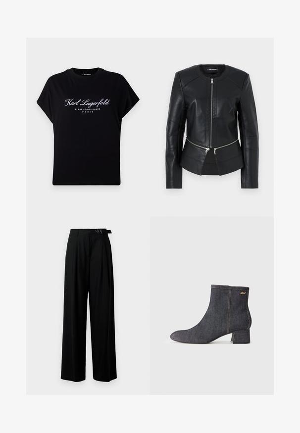 Black leather jacket with a round neckline, front zipper, and structured design. Features two zipper pockets at the waist and seam detailing.; Black oversized t-shirt made of cotton. Features short sleeves and a round neckline. Front displays white text: "Karl Lagerfeld 21 RUE ST-GUILLAUME PARIS."; Black wide-leg trousers with a high waist, pleats at the front, and a belt featuring a buckle. Made from smooth, lightweight fabric.; Dark denim ankle boot with a pointed toe, block heel, visible stitching, and a subtle brand logo on the side. Smooth texture.
