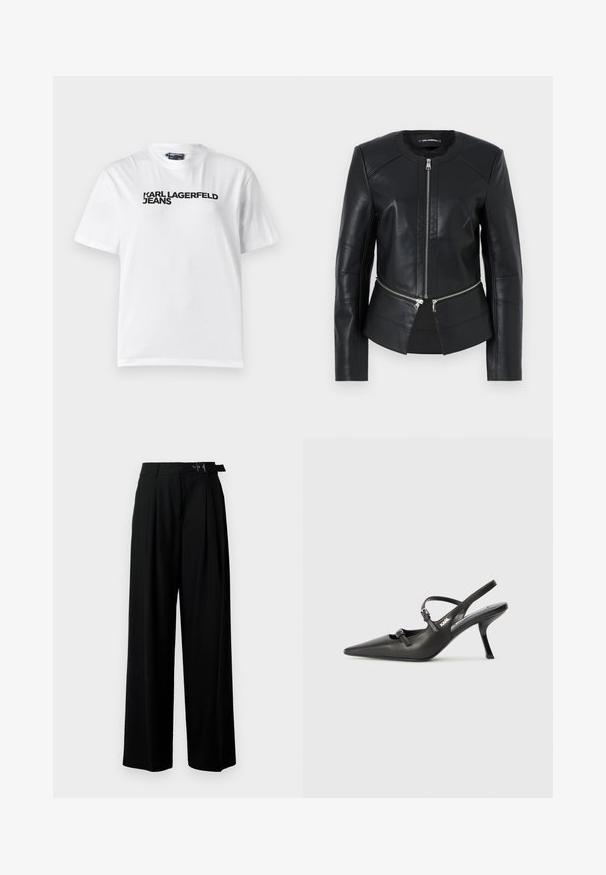 Black leather jacket with a round neckline, front zipper, and structured design. Features two zipper pockets at the waist and seam detailing.; White cotton t-shirt with a crew neckline, short sleeves, and black printed text reading "KARL LAGERFELD JEANS" across the chest.; Black wide-leg trousers with a high waist, pleats at the front, and a belt featuring a buckle. Made from smooth, lightweight fabric.; Black leather slingback heels with a pointed toe, slender heel, and decorative buckle detail on the vamp. Smooth texture and sleek design.