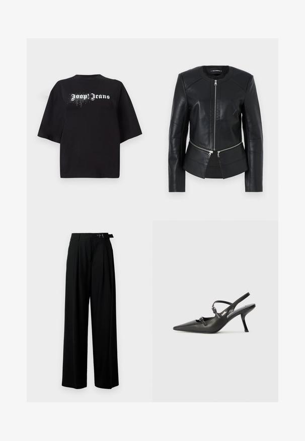 Černá kožená bunda s kulatým výstřihem, předním zipem a strukturovaným designem. Obsahuje dvě zipové kapsy v pase a švy.; Černé oversized tričko vyrobené z bavlny, s krátkými rukávy a předním potiskem s bílým textem "Joop Jeans" a třpytivými detaily.; Černé široké kalhoty s vysokým pasem, záhyby vpředu a páskem s přezkou. Vyrobené z hladké, lehké tkaniny.; Černé kožené lodičky na boku s špičatou špičkou, štíhlým podpatkem a dekorativní přezkou na nártu. Hladká textura a elegantní design.