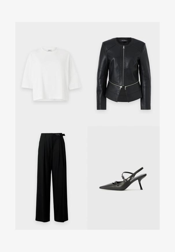 Black leather jacket with a round neckline, front zipper, and structured design. Features two zipper pockets at the waist and seam detailing.; White cropped t-shirt with a round neckline and short sleeves, made from soft cotton. Simple design, no patterns or embellishments.; Black wide-leg trousers with a high waist, pleats at the front, and a belt featuring a buckle. Made from smooth, lightweight fabric.; Black leather slingback heels with a pointed toe, slender heel, and decorative buckle detail on the vamp. Smooth texture and sleek design.