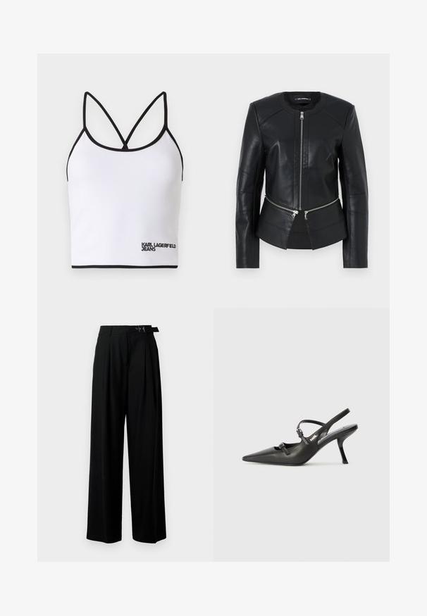 Čierna kožená bunda s okrúhlym výstrihom, predným zipsom a štruktúrovaným dizajnom. Obsahuje dve zipsové vrecká na páse a zdobenie švov.; Biele pruhované crop top s čiernym lemovaním, s tenkými nastaviteľnými ramienkami a textom "KARL LAGERFELD JEANS" v čiernej výšivke vpredu.; Čierne široké nohavice s vysokým pásom, skladmi vpredu a opaskom s prackou. Vyrobené z hladkej, ľahkej textílie.; Čierne kožené slingback topánky na vysokom podpätku s ostrou špicou, štíhlym podpätkom a dekoratívnym detailom s prackou na priehlavku. Hladká textúra a elegantný dizajn.