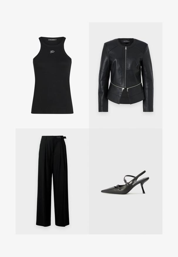 Čierna kožená bunda s okrúhlym výstrihom, predným zipsom a štruktúrovaným dizajnom. Obsahuje dve zipsové vrecká na páse a zdobenie švov.; Čierne rebrované tielko s okrúhlym výstrihom a úzkymi ramienkami. Obsahuje malé biele logo na hrudi.; Čierne široké nohavice s vysokým pásom, skladmi vpredu a opaskom s prackou. Vyrobené z hladkej, ľahkej textílie.; Čierne kožené slingback topánky na vysokom podpätku s ostrou špicou, štíhlym podpätkom a dekoratívnym detailom s prackou na priehlavku. Hladká textúra a elegantný dizajn.