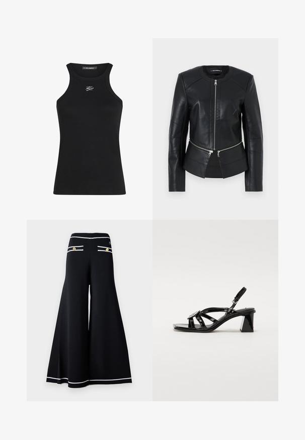 Must mustnahast jakk ümmarguse kaelusega, ees tõmblukuga ja struktuurse kujundusega. Omab kahte tõmblukuga taskut vööl ja õmblusdetailidega.; Mustmustert pank tank top ümarate kaeluste ja kitsaste õlavarredega. Rinnal on väike valge logo.; Mustad laiad püksid valgete ääreaktsentidega, millel on kuldsed nööbid tagakottidel ja sile, tekstuuriga kangas.; Must musta nahk sandaalid kõrgel kontsal, avatud varbaga, laiad rihmad, reguleeritav kinnituse ja geomeetriline plokknina.