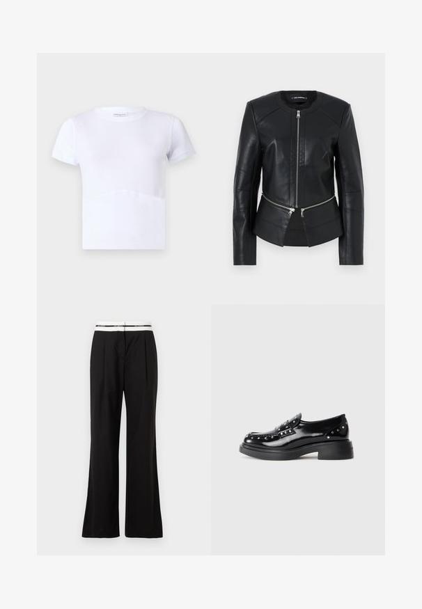 Sort læderjakke med rund udskæring, frontlynlås og struktureret design. Har to lynlås-lommer ved taljen og sømdetaljer.; Hvid t-shirt med korte ærmer i bomuld, rund halsudskæring, glat tekstur, med en subtil buet sømdetalje foran.; Sorte bukser med en afslappet pasform, der har en hvid elastisk talje med branding. Lavet af glat stof med en let glans.; Sorte patentlæder loafers med dekorative sølvstuds, rund tå, lav blokhæl og glat, skinnende tekstur.