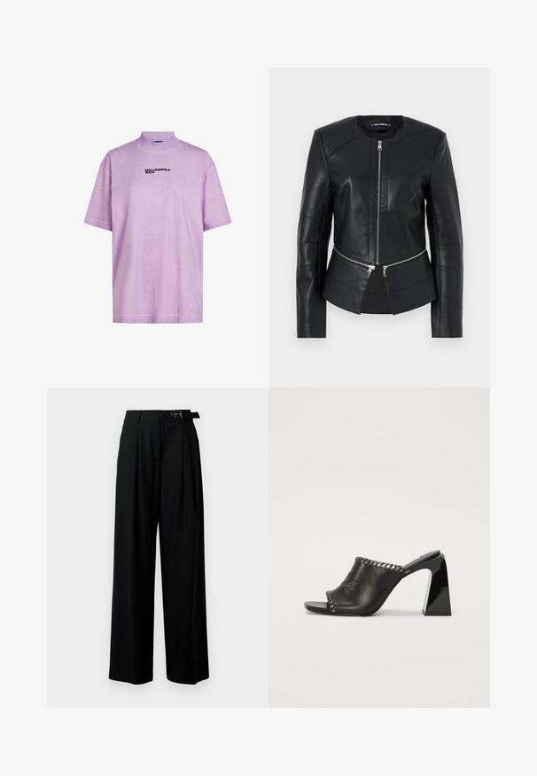 Svart läderjacka med rund halsringning, frontdragkedja och strukturerad design. Har två dragkedjefickor vid midjan och sömdetaljer.; Lavendel kortärmad T-shirt med hög krage, med en svart "KARL LAGERFELD JEANS" logotyp på framsidan. Mjuk, slät textur.; Svarta byxor med vida ben och hög midja, med veck framtill och ett bälte med spänne. Tillverkade av ett mjukt, lätt tyg.; Svarta lädermules med en bred öppning, prydda med en sydd kant och en blockklack. Slät textur och minimalistisk design.