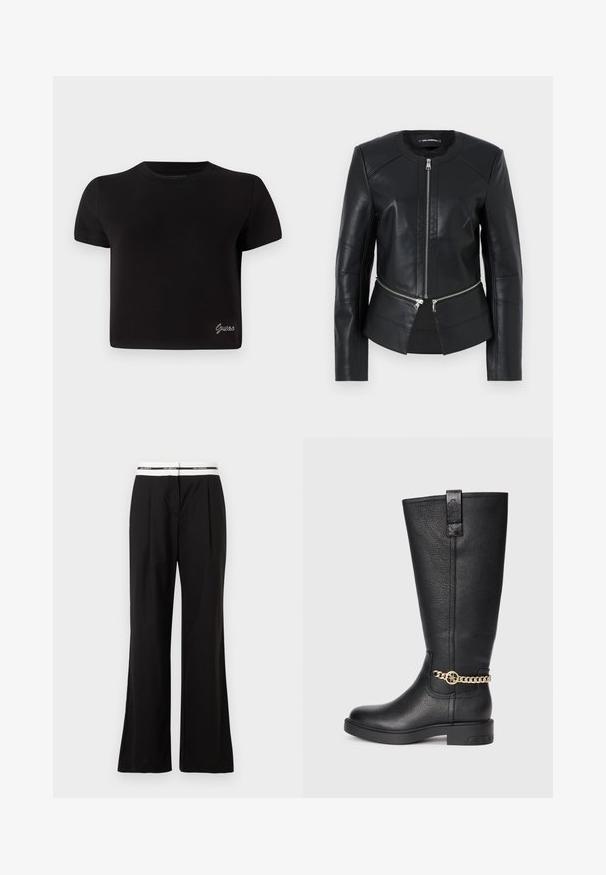 Black leather jacket with a round neckline, front zipper, and structured design. Features two zipper pockets at the waist and seam detailing.; Black, short-sleeved T-shirt made of cotton. Features a round neckline and small silver "Guess" logo on the lower left.; Black trousers with a relaxed fit, featuring a white elastic waistband with branding. Made of smooth fabric with a slight sheen.; Black leather knee-high boot with a textured finish, featuring a decorative gold chain accent and a flat rubber sole.