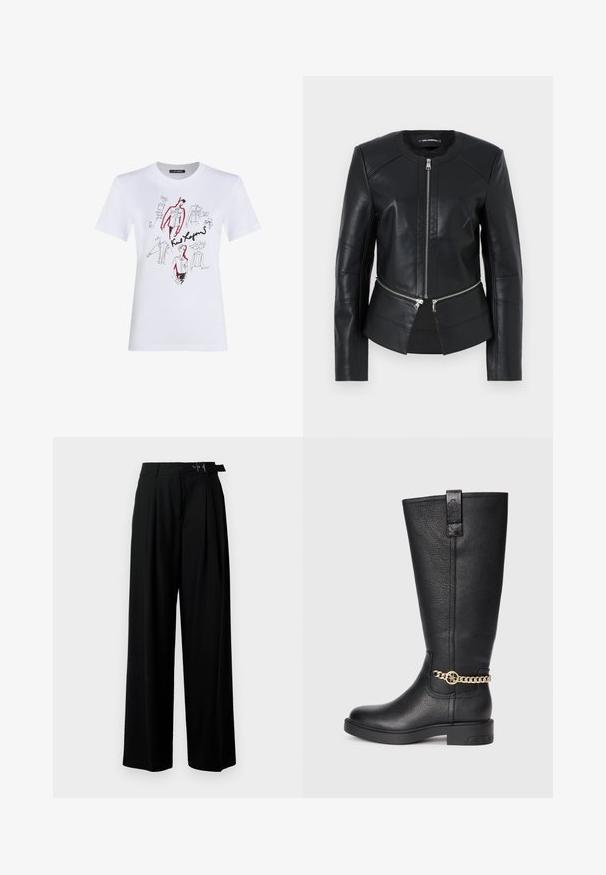 Svart läderjacka med rund halsringning, frontdragkedja och strukturerad design. Har två dragkedjefickor vid midjan och sömdetaljer.; Vit bomull t-shirt med svarta och röda konstnärliga skisser av plagg och figurer, med handskrivna anteckningar och signaturer.; Svarta byxor med vida ben och hög midja, med veck framtill och ett bälte med spänne. Tillverkade av ett mjukt, lätt tyg.; Svarta läderknähöga stövlar med texturerad yta, prydda med ett dekorativt guldchainbeslag och en platt gummisula.