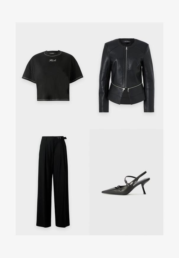 Black leather jacket with a round neckline, front zipper, and structured design. Features two zipper pockets at the waist and seam detailing.; Black cropped t-shirt made of soft fabric. Features a round neckline, oversized short sleeves, and white contrast stitching. Logo embroidered on front.; Black wide-leg trousers with a high waist, pleats at the front, and a belt featuring a buckle. Made from smooth, lightweight fabric.; Black leather slingback heels with a pointed toe, slender heel, and decorative buckle detail on the vamp. Smooth texture and sleek design.